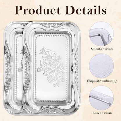 6 Packs Silver Serving Trays, 13.8" x 8.7" Bow Floral Engraved Mirror