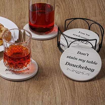 Coasters for Drinks, Funny Drink Coasters Absorbent with Holder 6 Pcs