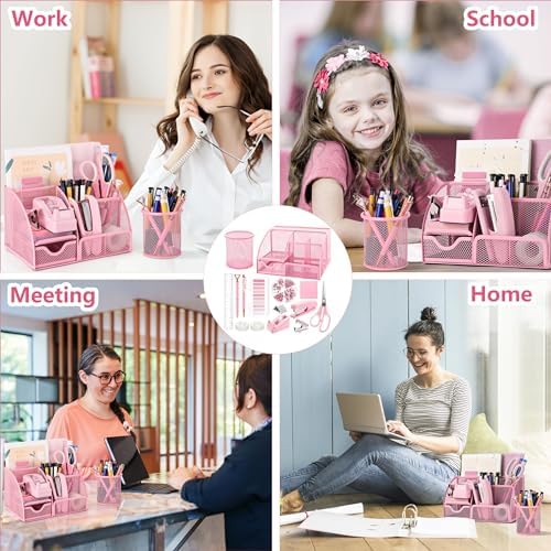 Fayoo 11 Pcs Pink Office Supplies Set Mesh Desk Organizer Accessories