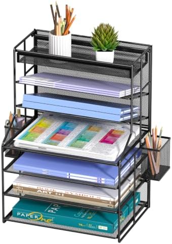 7 Tier Desk File Organizer, Black Metal Letter Tray Paper Organizer