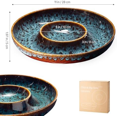 Ceramic Chips and Dip Serving Tray - Large Divided Party Bowl Set for