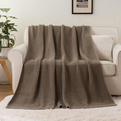 Knitted Waffle Throw Blanket, Camel Tan Throw Blanket for Couch