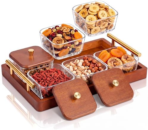 Domensi 6 Glass Snackle Box with Wood Tray and Lids Dry Fruit