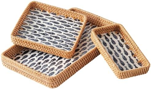 Set of 3 Rattan Serving Trays with Mother of Pearl, Terrekraft