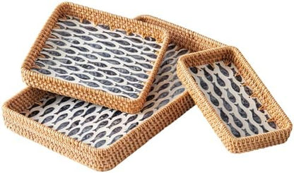 Set of 3 Rattan Serving Trays with Mother of Pearl, Terrekraft