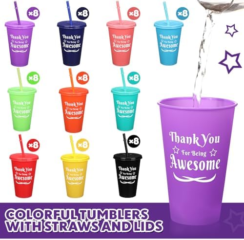 Dandat 80 Pcs Thank You Cups 16 Oz Tumbler with Straw Lid 10 Colors
