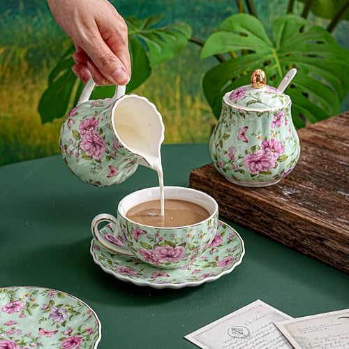 Agyiuns Tea Cup and Saucers, 6.4oz Floral Tea Cups with Gold Trim