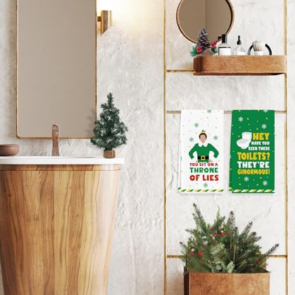 Funny Elf Christmas Towels, 2 Pack Holiday Bathroom Hand Towels, Buddy