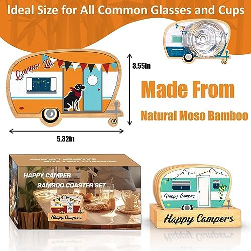 Wood Drink Coasters Set of 4, Happy Camper Cute Coasters with Holder