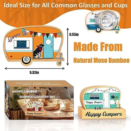 Wood Drink Coasters Set of 4, Happy Camper Cute Coasters with Holder