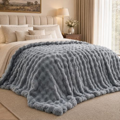IKALIFE Cozy Bubble Faux Fur Twin Blanket for Couch, 60x80 Light Grey
