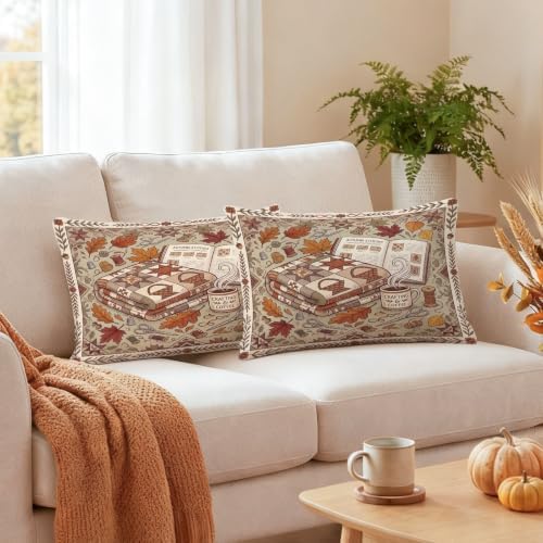 Cozy Autumn Reading Nook Quote Leaves Throw Pillow Covers 12x20 Set of