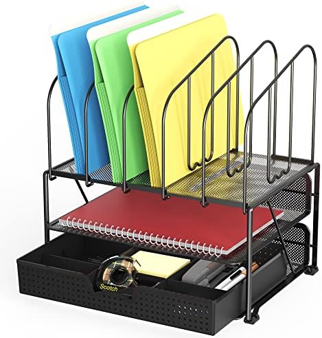 Deco Brothers Mesh Desk Organizer with Double Tray, 5 Upright Sections