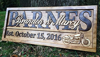 Personalized Motorcycle Wedding Gift Wood Family Last Name Sign