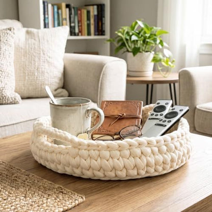 Crochet Serving Tray with Handle 12 Inch Handmade Knitted Woven Tray