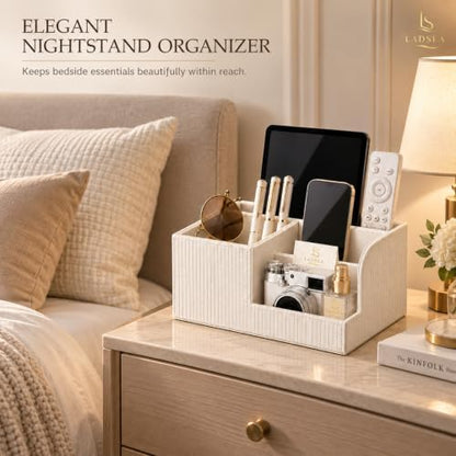Pen Holder for Desk, 4-Compartment PU Leather Desk Organizer, Cream