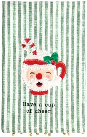 Mud Pie Santa Mug Felt Sequin Towel, Decorative Kitchen Towel, Holiday