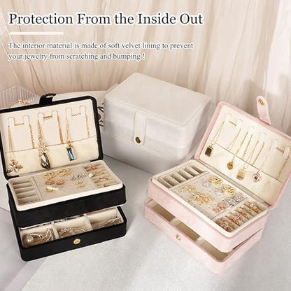 Travel Jewelry Case, 2-Layer Large Jewelry Organizer Box, Beige, PU
