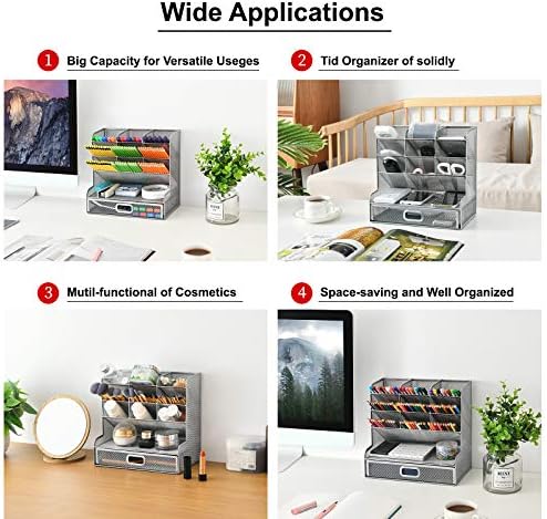 Marbrasse Larger Mesh Desk Organizer with Drawer, Multi-Functional Pen