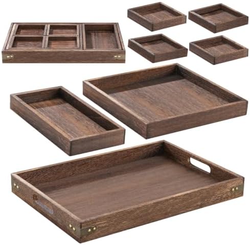 Wood Serving Tray with Handle, Set of 7 Nesting Rectangular Trays for