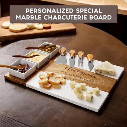 Personalized Charcuterie Board Set, Custom Laser Engraved Marble Wood