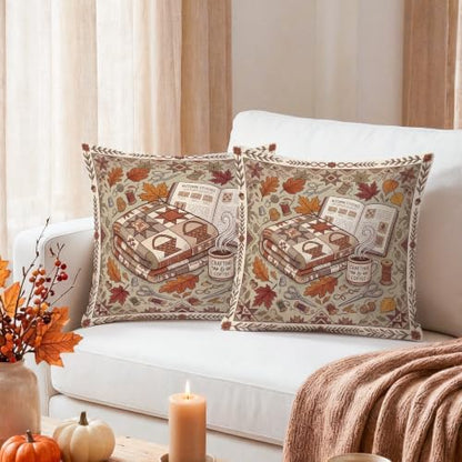 Cozy Autumn Reading Nook Quote Leaves Throw Pillow Covers 16x16 Set of