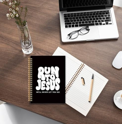 Black and White Christian Spiral Notebook, Run to Jesus Bible Verse