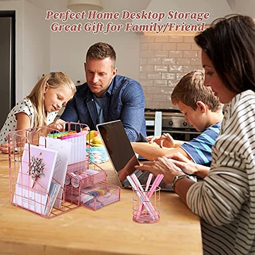 TNELTUEB Rose Gold Desk Organizer with 6 Compartments, Mesh Metal Home