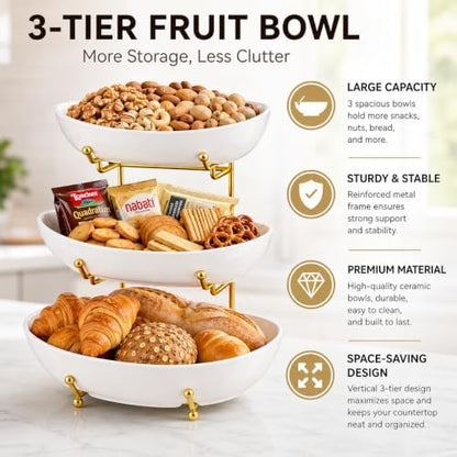 3 Tier Fruit Basket for Kitchen Counter, Large Ceramic Fruit Bowl &