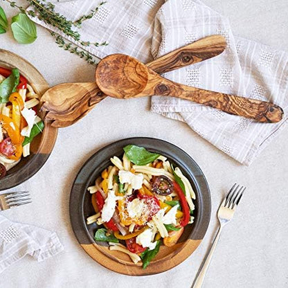 Olive Wood Salad Server Set - 12 Inch Wooden Tongs - Rustic French