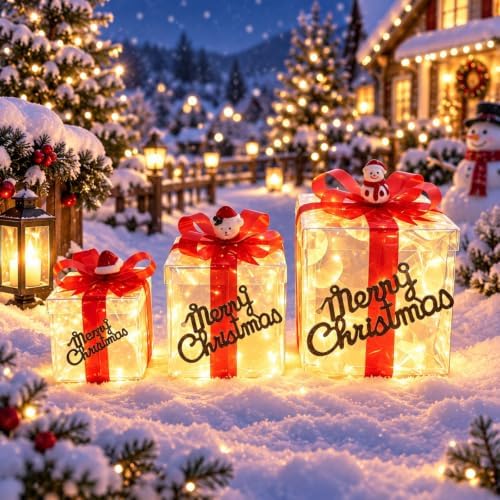 Set of 3 Christmas Lighted Gift Boxes, Pre-lit 60 LED Light Up Present