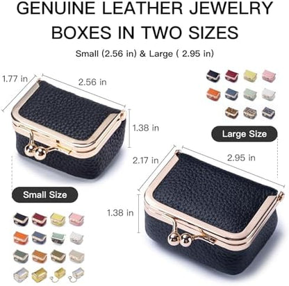 Genuine Leather Mini Jewelry Box with Vintage Kiss Lock, Portable