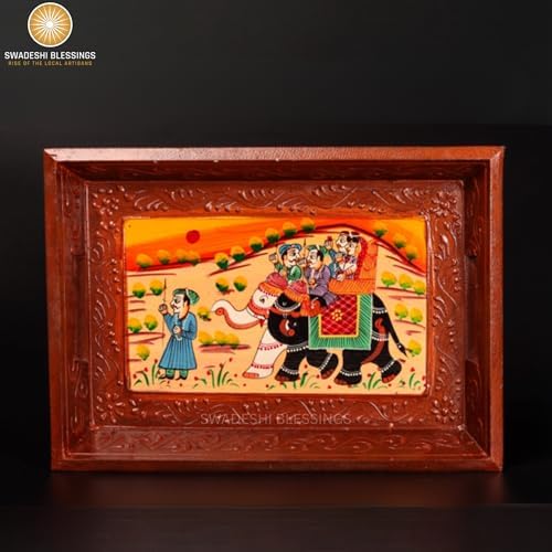 Swadeshi Blessings Hand-Painted Wooden Serving Tray Set of 3, Brown