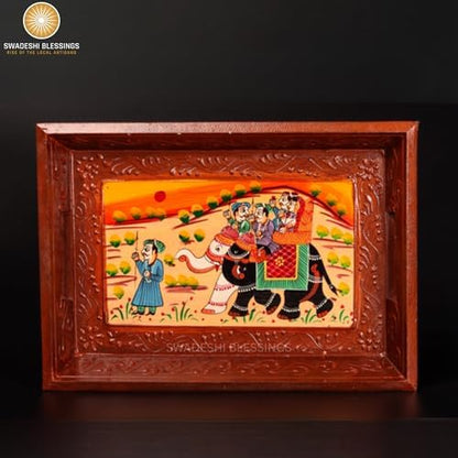 Swadeshi Blessings Hand-Painted Wooden Serving Tray Set of 3, Brown