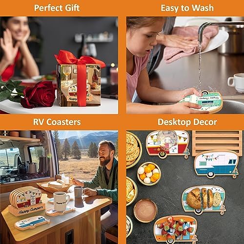 Wood Drink Coasters Set of 4, Happy Camper Cute Coasters with Holder