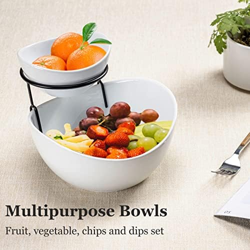 UNICASA Serving Bowls Set, 2 Tier Chip and Dip Bowls with Metal Rack