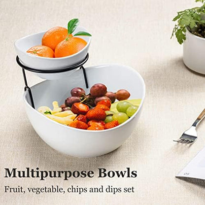 UNICASA Serving Bowls Set, 2 Tier Chip and Dip Bowls with Metal Rack