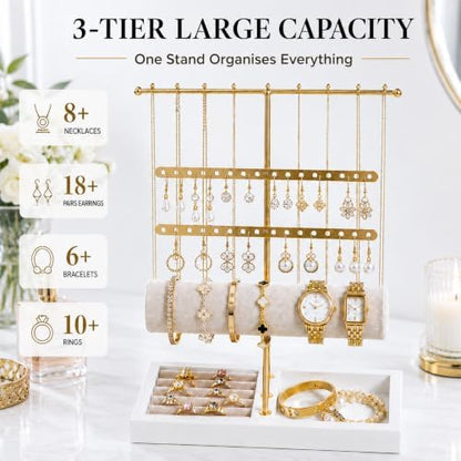 Jewelry Holder Stand with Velvet Tray, 3-Tier Gold Metal Organizer for