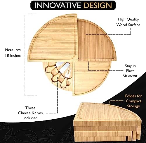Perlli Bamboo Cheese Board & Knife Set, Large Folding 18 Inch Round