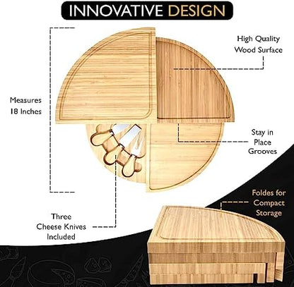 Perlli Bamboo Cheese Board & Knife Set, Large Folding 18 Inch Round