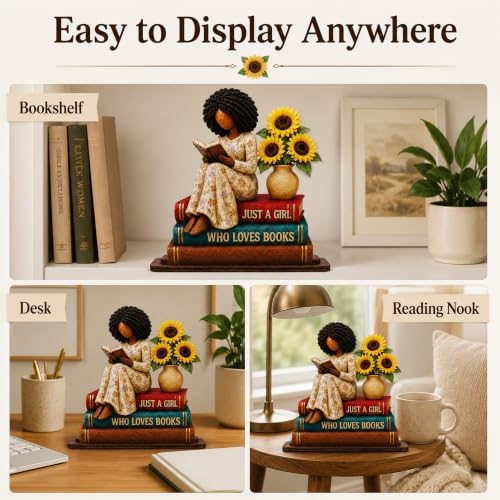 Book Lover Gifts for Women, Black Girl Reading Desk Plaque, Bookshelf