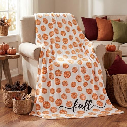 Horaldaily Fall White Painting Pumpkin Flannel Throw Blanket 40x50