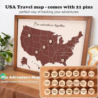 USA Travel Map with 21 Pins, Anniversary Wedding Gift Husband or Wife