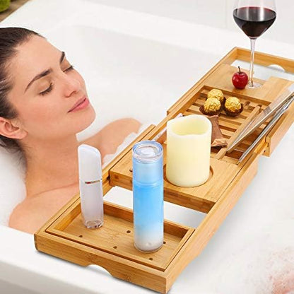 Bamboo Bathtub Caddy Tray with Book/Tablet & Wine Glass Holder