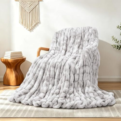 Touchat Ruched Rabbit Faux Fur Throw Blanket,Fluffy Soft Cozy,Tie-dye