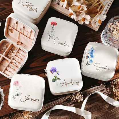 DayOfShe Personalized Travel Jewelry Box with Name and Birth Flower