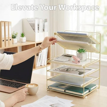OPNICE Desk Organizer, 6-Tier Paper Organizer Letter Tray, Gold
