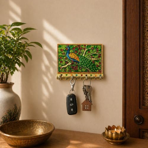 LOVENSPIRE Peacock Decorative Wood Key Holder - Hand Crafted Wall
