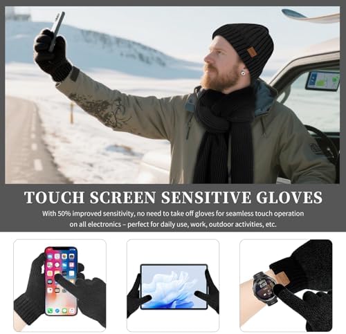 Winter Beanie Hats Long Neck Scarf for Men and Touchscreen Gloves 3PCS