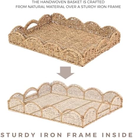 Scalloped Seagrass Tray, Hand-Woven Wicker Storage Baskets with